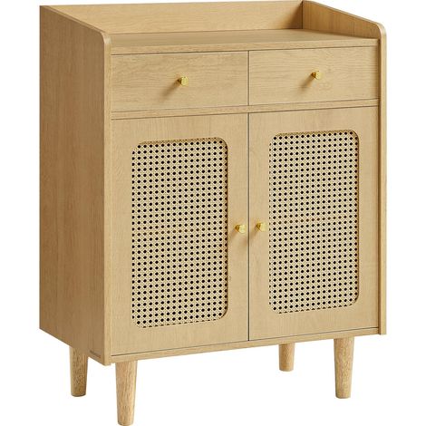 Buffet Cannage, Meuble de Rangement, Placard avec Portes et Tiroirs en Rotin, Étagère Réglable, Style Bohème, pour Salle à Manger, Salon, Beige Chêne (1/5)
