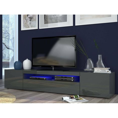 Meuble TV Amore, 2 Étagères, Portes Battantes et Basculantes Made in Italy, 3 Portes, 200x40x37h cm Noir Anthracite Brillant (1/4)