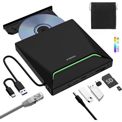 Le Plus Récent Lecteur DVD Externe avec Adaptateur Ethernet RJ45 USB 3.0 Graveur CD, 3 Ports USB et 2 Ports pour Carte TF/SD, Lecteur CD Externe pour PC Laptop Windows Linux Mac OS (1/5)