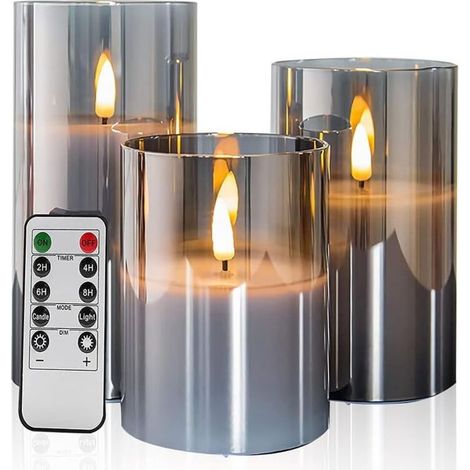 Lot de 3 bougies LED en verre gris, mèche mobile, télécommande, minuterie, lumière chaude, décoration intérieur (1/5)