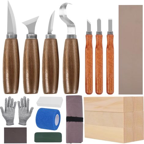 Set di 20 utensili per intaglio del legno - Include coltelli da intaglio, coltelli di precisione, manici per coltelli e guanti - Adatto a principianti, adulti e bambini (1/5)