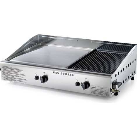 Doppia Piastra di Cottura Ompagrill Plancha Double 0468/M Alimentazione a Gas GPL e Metano con Accensione Piezoelettrica in Acciaio Inox e Ghisa