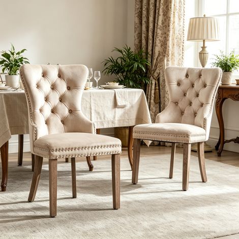 Lot de 2 Chaises de Salle à Manger en Velours Beige - Dossier Incurvé Capitonne avec Boutons - Pieds Bois Réglables - Pour Salle à Manger/Salon (1/5)
