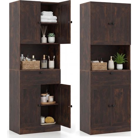 armoire de salle de bains haute tour à linge organisateur autoportant placard de cuisine buffet meuble en bois 4 portes tiroir étagère réglable comp (1/5)