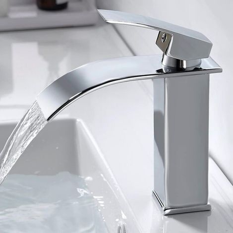 Moderne Robinet Salle de Bain Cascade, Design Elégant Robinet Lavabo, Mitigeur en Laiton, Eau Chaude et Froide Disponible, Mitigeur Lavabo sans Tirette de Vidage (1/4)