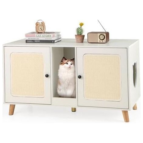 GOPLUS Meuble Litières Chats en Bois avec Grand Plateau, 2 Placards avec Portes, Espace Ouvert, 2 Panneaux Griffoirs et Tapis Griffoir, Entrées Latérales, Style Moderne (Blanc)