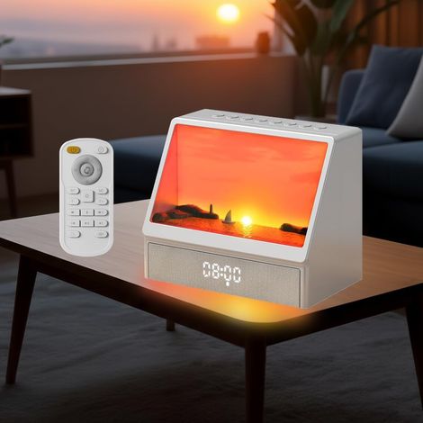 Réveil Lumineux Simulateur d'aube, Veilleuse Machine Bruit Blanc Animation Créative d'aube Simulée Avec 7 Modes, 12 Sons Naturels, Enceinte et Télécommande, Sunset Lampe Chevet (1/5)