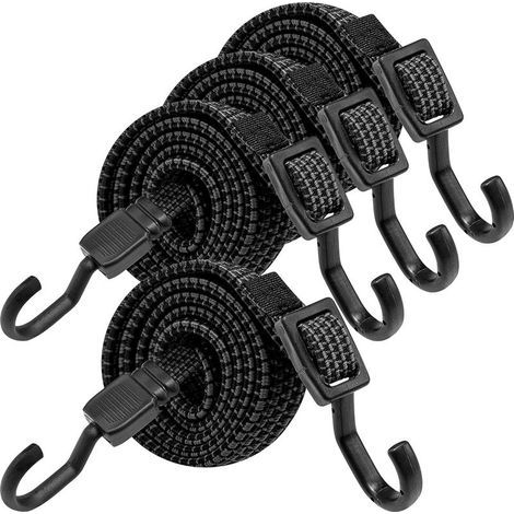 Set mit 4 elastischen Bungee-Seilen mit robusten Haken, flach und verstellbar mit 100 cm Haken, schwarze elastische Gummibänder (1/5)