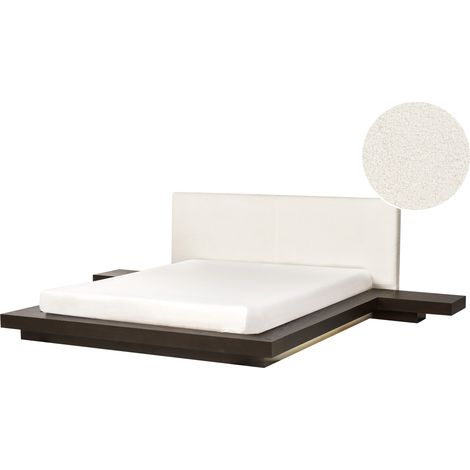 Cama LED moderna con plataforma mesitas de noche cabecero de bouclé madera de fresno oscuro 160 x 200 cm Zen (1/5)