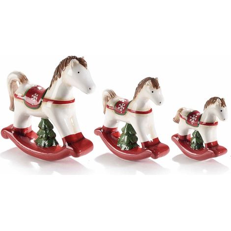 Cavallini a dondolo natalizi in ceramica con alberi di natale da appoggiare, Grande: cm 15 x 4 x 14 H