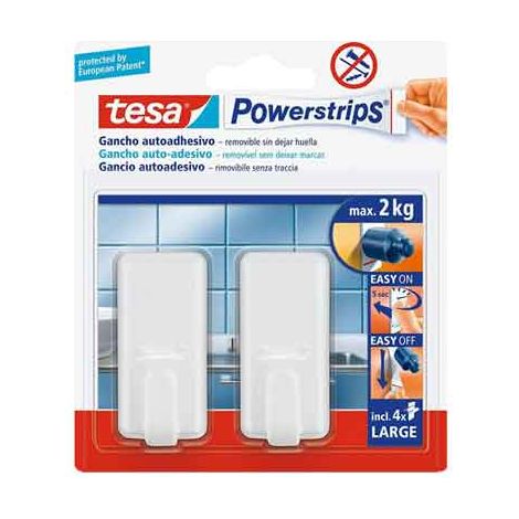 GANCIO RETTANGOLARE 'POWERSTRIPS' BIANCO Mod. L, 2 ganci + 4 strisce - Portata 2 Kg - TESA