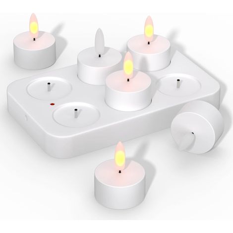 Set di 6 candele tealight a LED senza fiamma con stazione di ricarica, ricaricabili, effetto fiamma tremolante, lanterne elettriche per ragazzi, lampada da tavolo per soggiorno [Classe energetica D] (1/5)