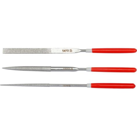 YATO, modelo YT-6143, Set de archivo de aguja de diamante 3 piezas 3x140x50mm, ideal para trabajos de precisión en metal, piedra y cerámica, herramienta profesional