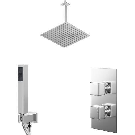 Cubix Polished Chrome Concealed Twin Thermostatic Shower Valve with Diverter and 300mm Square Head with 300mm Ceiling Arm and Outlet Holder with Kit - 2 Outlet (1/5)