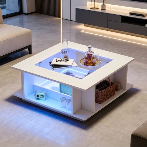 Table basse en panneau de particules 70x70x30 cm blanche, carrée avec plateau en verre, LED, 30 kg (1/5)