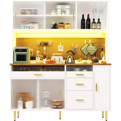 CHICFURN Aparador alto 145x39x171 cm de MDF, vidrio y metal blanco con LED y almacenaje (1/5)