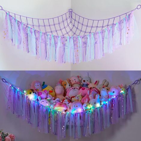 Hamac pour jouets en peluche - Filet de rangement doux pour jouets en peluche - Grand filet à suspendre avec lumière LED - Organiseur en macramé tissé à la main avec pompon pour chambre d'enfantL (1/5)