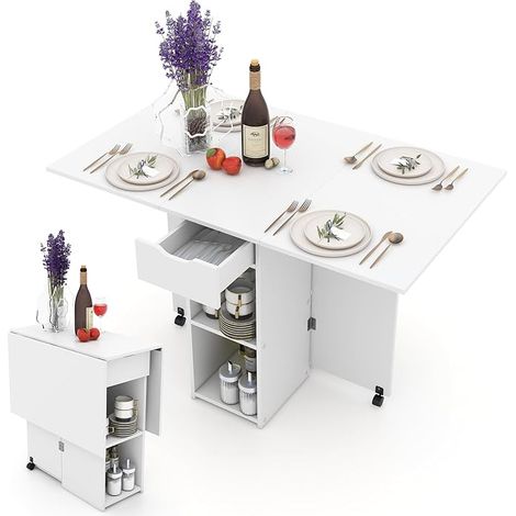 COSTWAY Tavolo da Pranzo con 2 Ruote, Tavolo da Cucina Pieghevole con 2 Ripiani e Cassetto, Tavolo Pranzo 120 cm, Tavolo Consolle Versatile per Pranzo, Portata 70 kg (Bianco) (1/5)