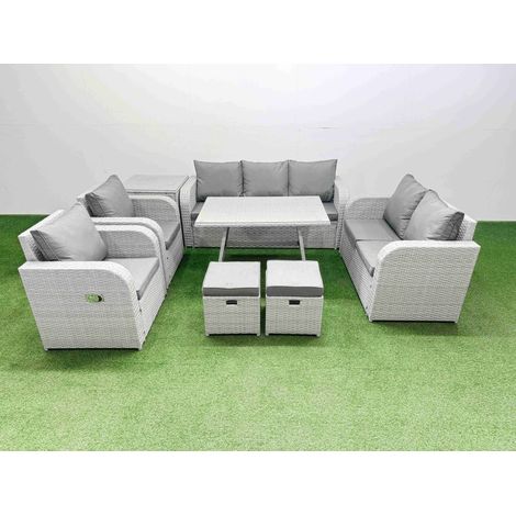 Fimous PE Rattan Garden Furniture Set Outdoor Rectangular Dining Table Sofa Set with Reclining Chair 2 Small Stool Side Table Light Grey (1/4)