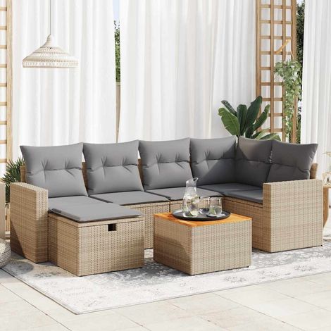 7-tlg. Garten-Sofagarnitur mit Kissen Beige Poly Rattan (1/5)