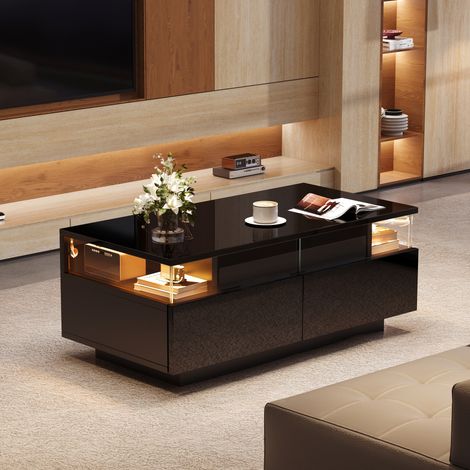Tavolino da salotto 90 x 45 x 35,5 cm con 2 cassetti, piano rimovibile, LED, nero HAVRYA (1/5)
