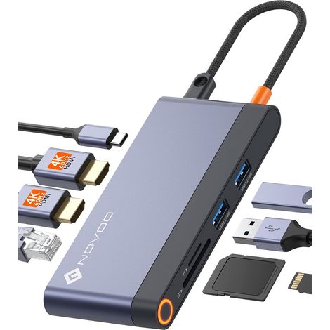 Docking Station USB C Double HDMI, 8-en-1 Hub USB C vers Dual HDMI 4K, Ethernet RJ45, USB 3.2, PD 100W, SD/TF Multiport Dock pour Macbook Pro/Air, Surface, HP, Dell, Lenovo (1/5)