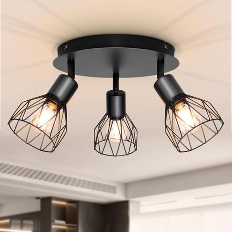 Plafonnier industriel avec spots et rails noirs, culot E14, barre de spots 40 W sans ampoules, 3 spots LED orientables pour intérieur (1/5)