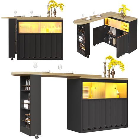 Table bar extensible 135-205x39x100cm cm avec éclairage LED et rangement intégré - Design mobile à portes rayures minimalistes - Noir