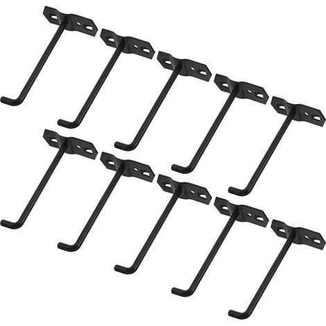 Set of 10 black, 10 cm square hooks made of robust metal for pegboards, storage and organization accessories for industrial shelves, workshops and shops (1/5)