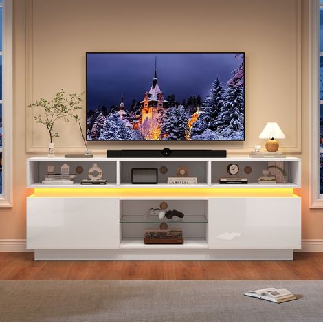 Mobile TV 160x35x60 cm in MDF bianco con LED e contenitori per piccoli soggiorni - CHICFURN (1/5)
