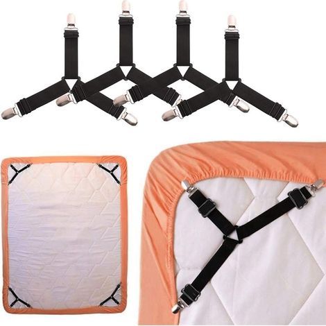 Set mit 4 Spannbettlaken-Befestigungsbändern, dreieckigen Spannbettlaken-Verschlüssen mit stabilen Clips, verstellbaren dreieckigen Gummibändern (1/5)