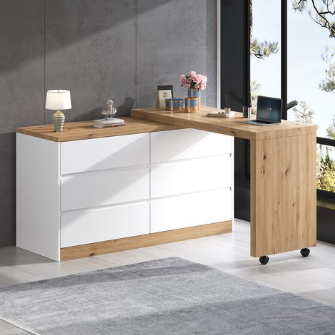 Bureau sur roulettes verrouillables – design multifonctionnel, plateau tournant plus épais de 4 cm, verrouillable, blanc/chêne, bureau pliant, bureau d'angle, buffet, matériau épais (1/5)
