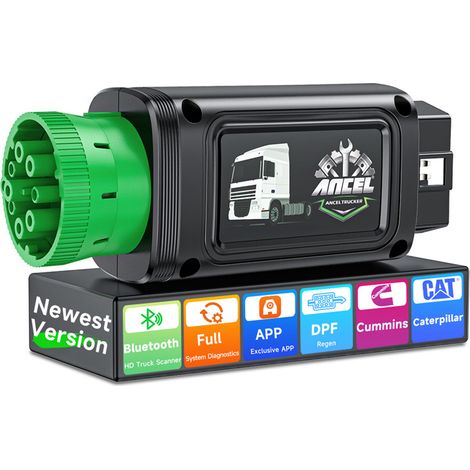 ANCEL HD100 Adaptateur Diagnostic Bluetooth Poids Lourd 12V/24V – Camions Diesel Cummins Caterpillar, Lecture Codes Défaut Moteur, Régénération DPF, Connecteur Mixte 9 Broches Vert + OBD16 (1/5)