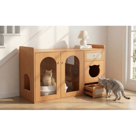 Maison pour chat multifonctionnelle et armoire pour litière – meuble d’appoint adapté aux animaux avec gamelles, espace de repos pour chat, zone de rangement (sans litière ni coussin pour chat), color (1/5)