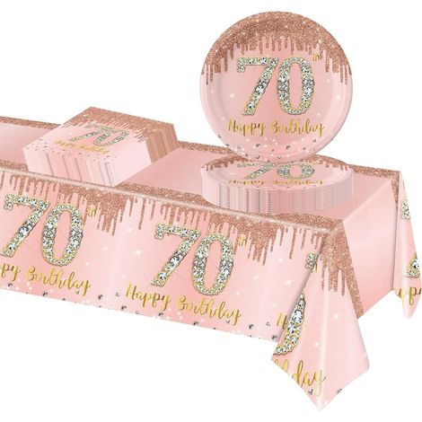 37 Pièces Assiette Vaisselle Jetable Anniversaire Kit,Or Rose Decoration Anniversaire Vaisselle 70 Ans Garçon Fille,Nappe Papier Assiette Serviette pour Decoration Anniversaire 70 Ans Cadeau (1/5)