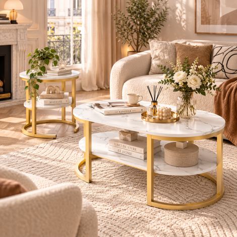Table Basse 132x52x51 cm, Table d'appoint, table de canapé, Table Marbre, Blanc + dore, pour salon, chambre à coucher, Peut être séparé (1/5)