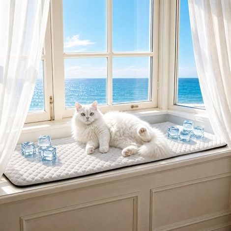 Cat Cooling Mat 90 x 29 cm Cat Window Grey Brown Cat Fresh Mat, 2 Removable Covers Net Plush Soft Washable Non-Slip Base Quiet Rest (1/5)