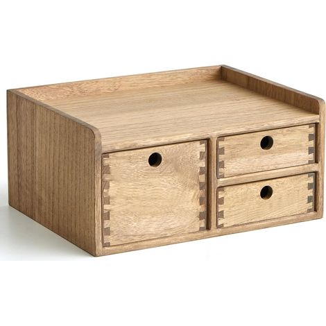 Bloc à 3 tiroirs en bois, organisateur de bureau, brun foncé  1 tablette ouverte, bois massif fait main, livré monté, tenon-mortaise, finition à l’huile végétale, courrier et accessoires (1/5)