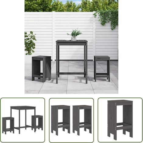 The Living Store 3-tlg. Gartenbar-Set Grau Massivholz Kiefer - Gartenbar - Gartenmöbeln - Esstisch - Outdoor Möbel - Holzmöbel (1/5)