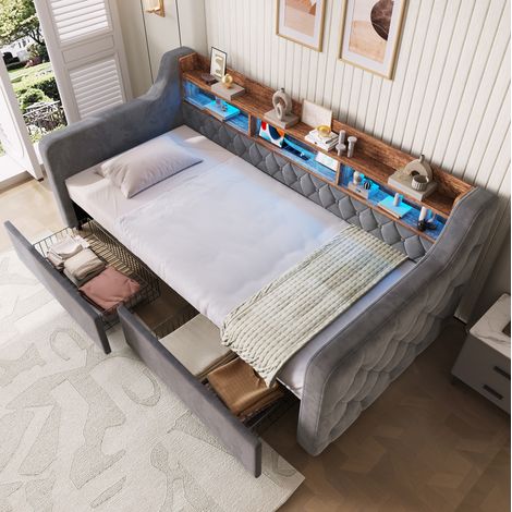 Lit 90x190 cm en velours gris foncé avec rangement, pour chambre, sans matelas – MEUBLIV (1/5)
