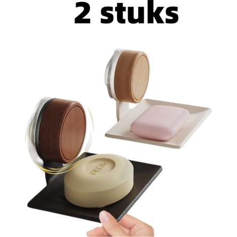 Lot de 2 porte-savon à ventouse - Accessoire de salle de bain sans perçage - Fixation murale - Porte-savon avec égouttoir - 11,5 cm x 10 cm x 8,8 cm - Noir (1/5)