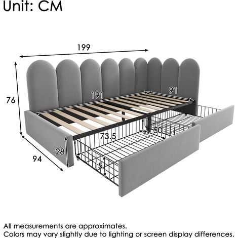 Lit simple en velours avec tiroirs, canapé-lit 90x190 cm, sommier à lattes intégré, rangement intégré, pour adolescent et adulte, gris (matelas non inclus)