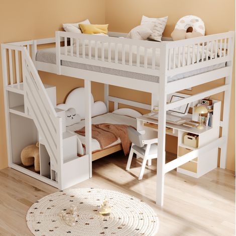 Massivholzbett 205x192x173 cm, Treppe mit Stauraum, hohes Geländer, für Kinder und Jugendliche, Holz, Weiß (1/5)