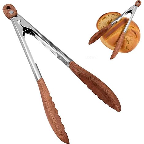 Pince en bois de noyer et acier inoxydable, 29 cm, résistante à la chaleur et respectueuse de l'environnement, pour barbecue, steak, pain, pizza (1/5)