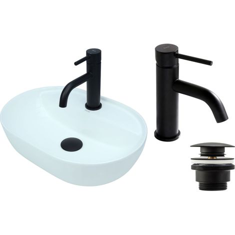 GTM Design Aufsatzwaschbecken 42 cm Glanz Set mit Waschtischbatterie und Stopfen - Aufsatzwaschbecken Oval für Badezimmer - Modernes Waschbecken ohne Hahnloch - Waschbecken mit Armature (1/5)