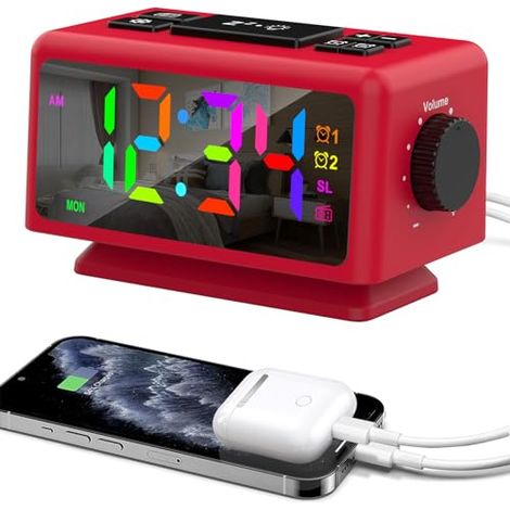 ThreeH Réveil RGB avec Radio 11 Couleurs d'affichage de l'heure 12 Niveaux de Volume et Luminosité Réglables Machine à Sons pour Le Sommeil avec 2 Ports Charge USB Rouge (1/5)