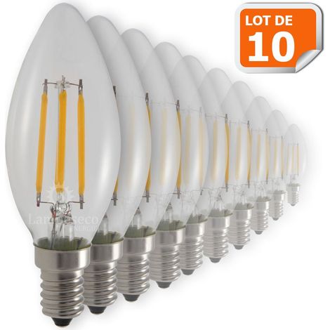 Lampesecoenergie – Lot de 10 ampoules LED E14 flamme filament 4W – Blanc chaud 2700K – Angle de diffusion 330° – 470 lumens
