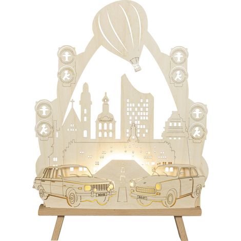 Saico LED-Dekoleuchte Trabant und Wartburg Holz 44 cm warmweiß natur Schwibbogen