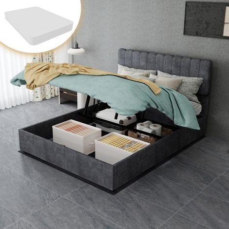 Modern Minimalist Upholstered Bed with Soft and Comfortable Headboard, 140x200 cm, Grey, Multi-Functional Bedroom Furniture, High-Profile Storage Base , Included140200cm mattress. (1/5)