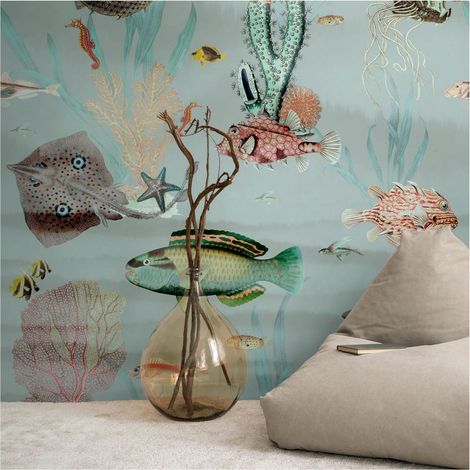 Photo wallpaper Profhome 398721 hot embossed non-woven wallpaper smooth with pattern for kids matt blue pink green beige 1.59 m x 2.8 m (1/4)